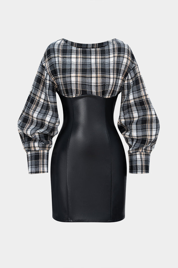 Geruite leren-look minijurk met lange mouwen