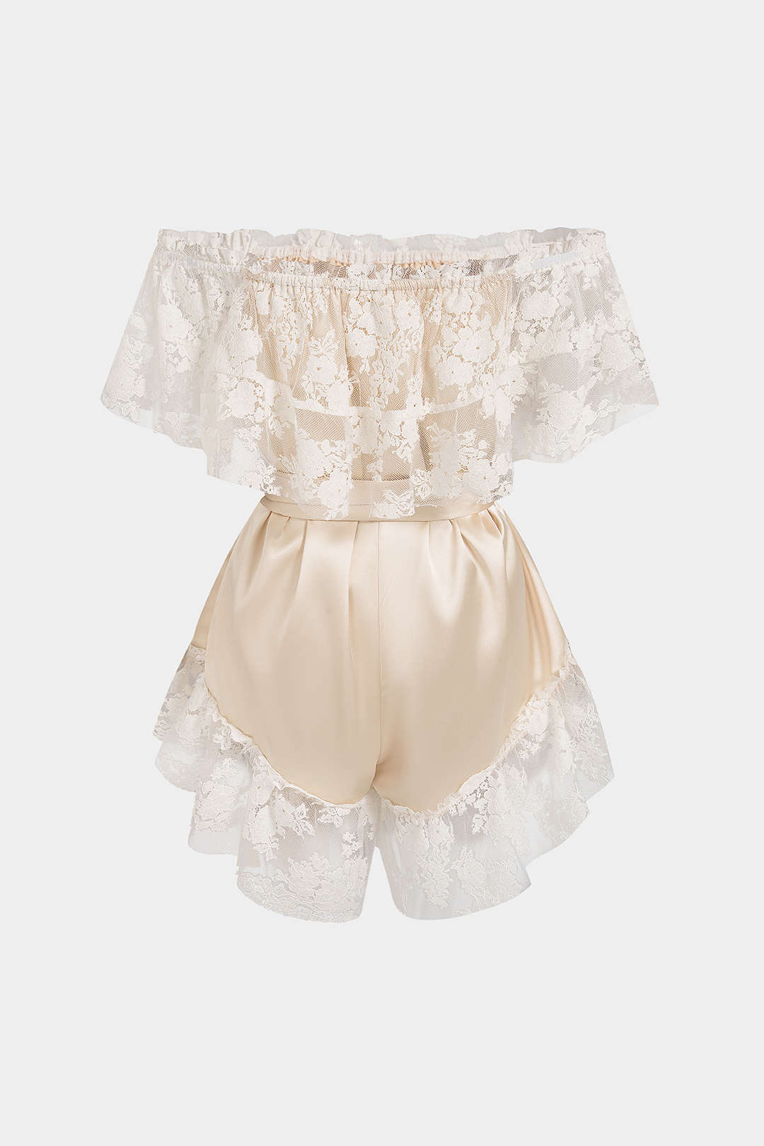 Satijnen patchwork playsuit met kant, volants en strik