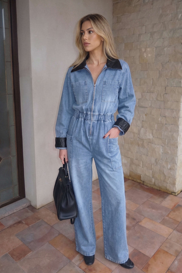 Denim patchwork jumpsuit met zakken en lange mouwen