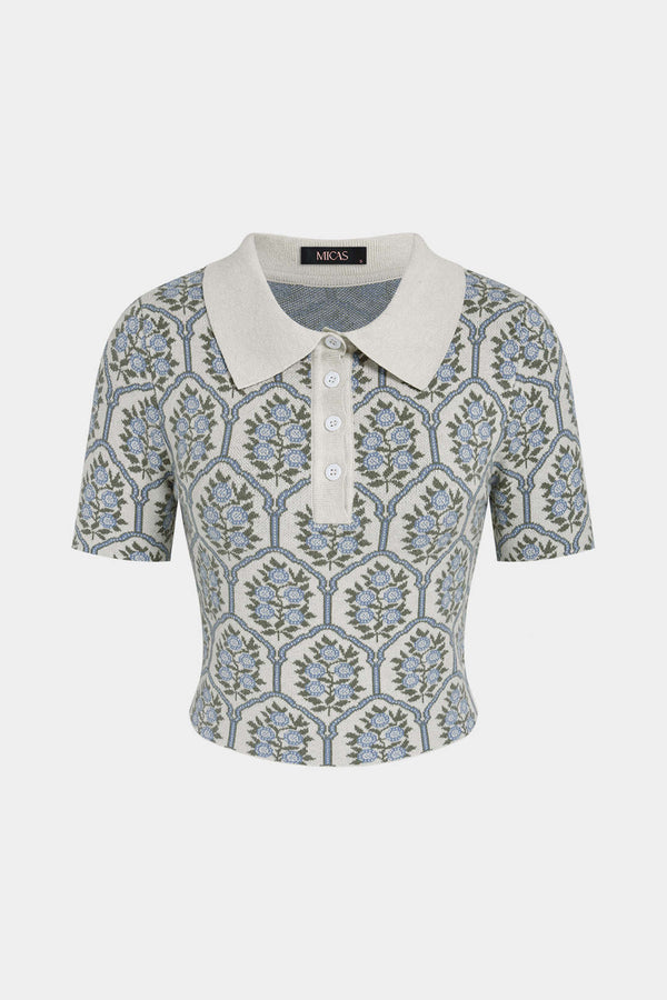 Gebreide bloemenprint blouse met kraag en korte mouwen
