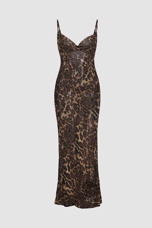 Leopard Print Sheer Draped Maxi Dress