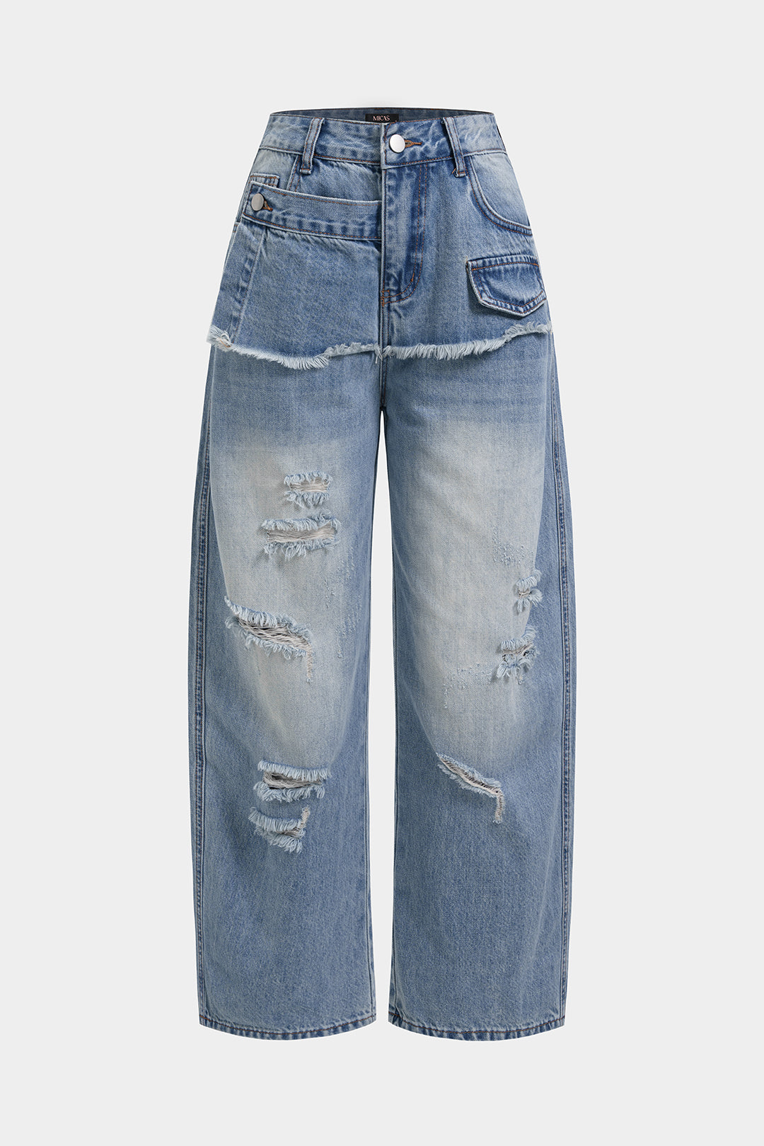 Asymmetrische jeans met rafelrand en wijde pijpen