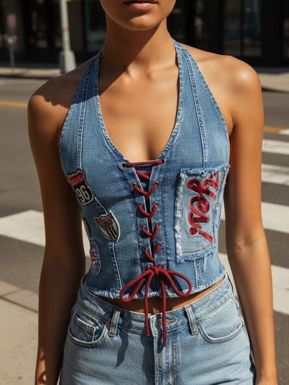 Y2K Denim Halter Top met Geborduurde Patches