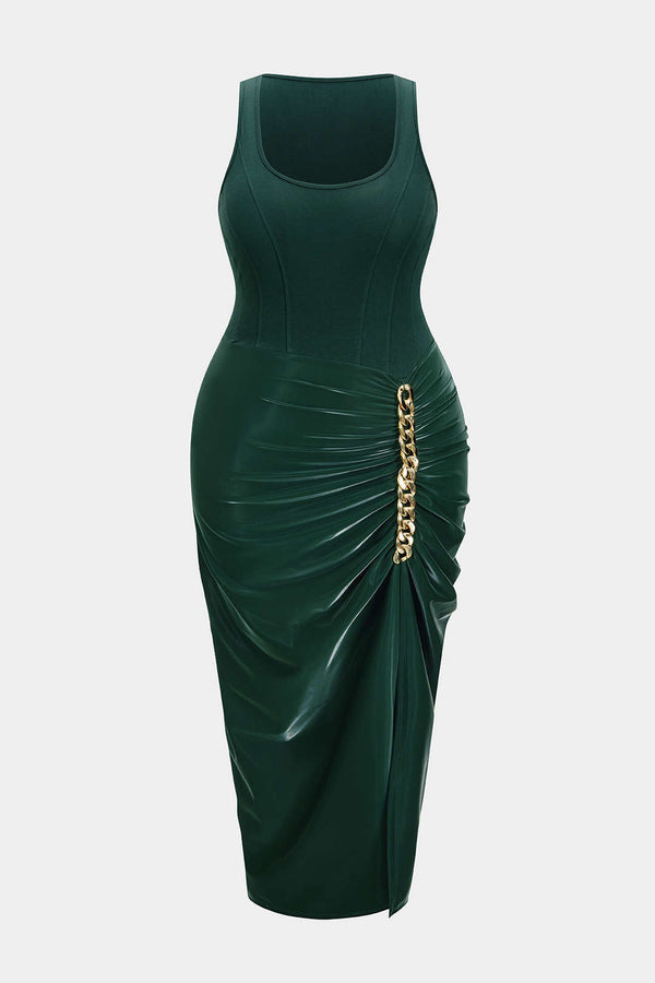 Metallic mouwloze midijurk met ruches en vierkante hals