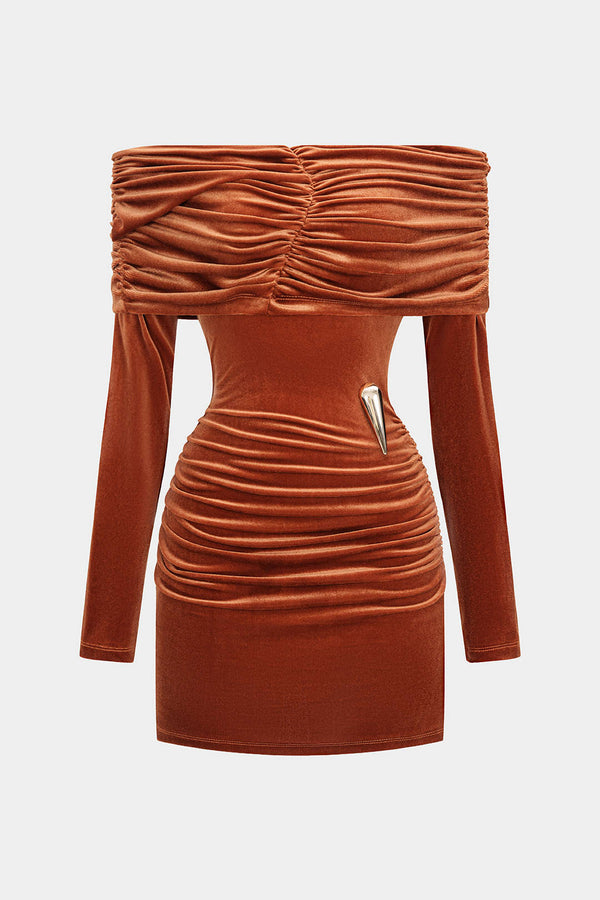 Metallic minijurk met blote schouders en ruches
