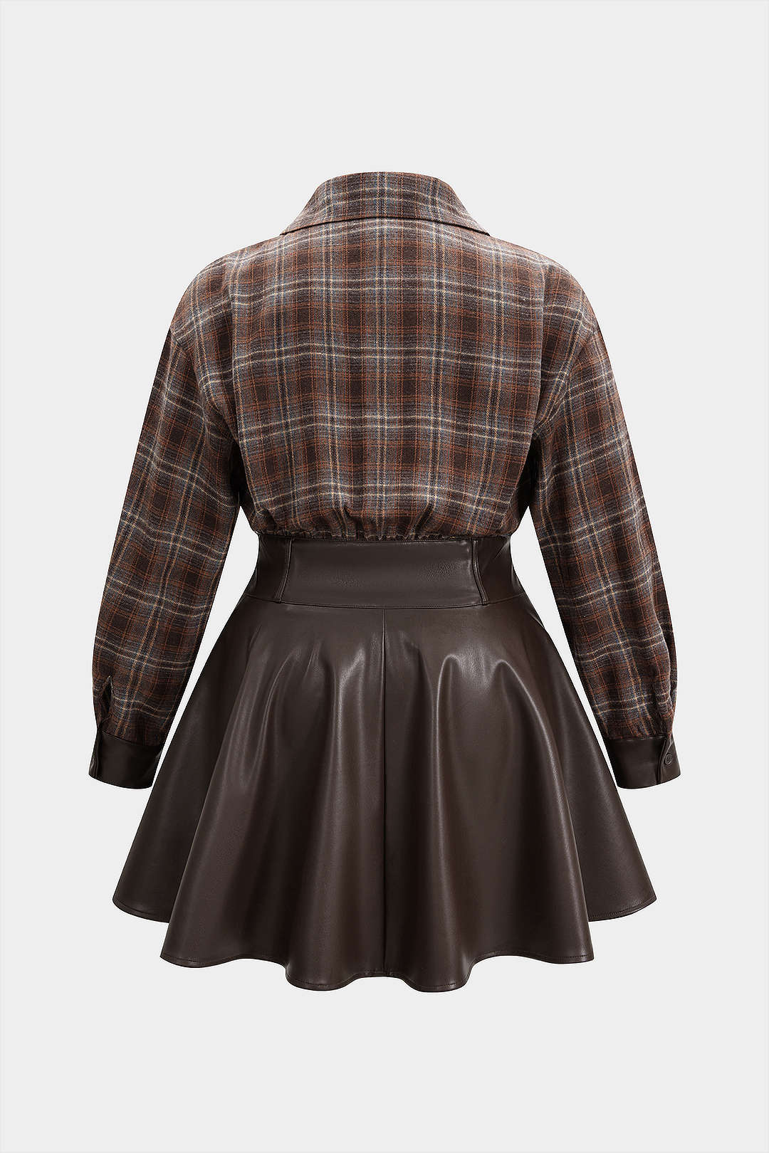 Geruite leren-look minijurk met V-hals en lange mouwen