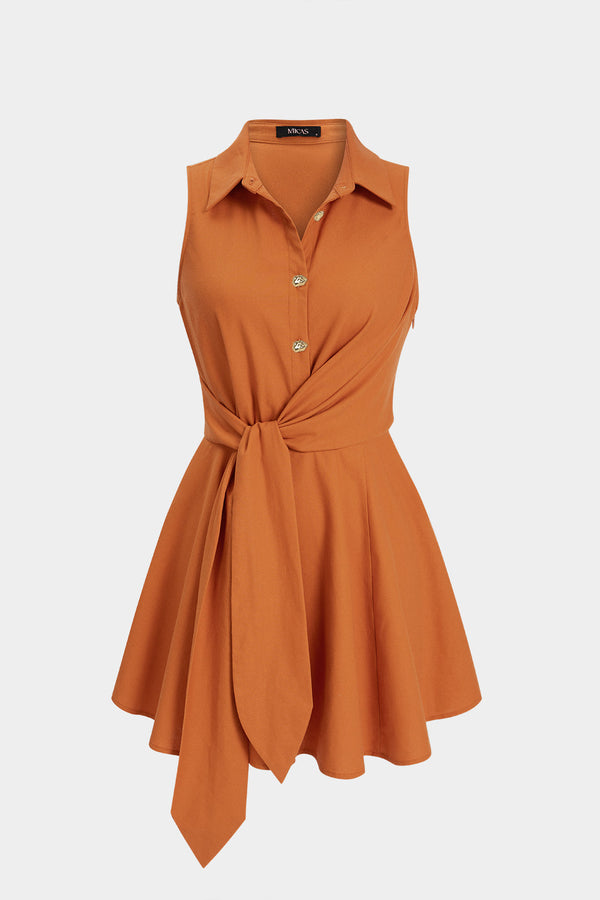 Linnen asymmetrische minijurk met revers, knoopjes en ruches
