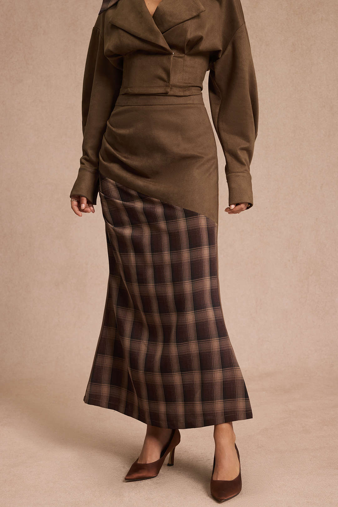 Suède patchwork rok met hoge taille