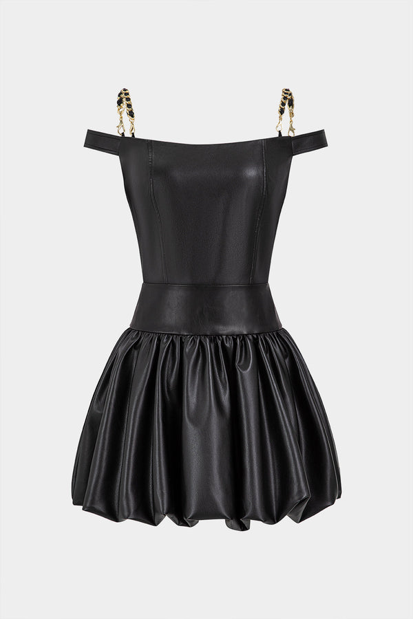 Leren-look metallic minijurk met blote schouders