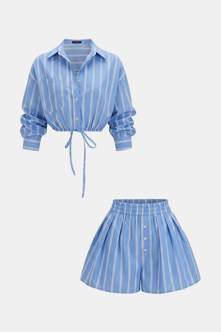Stripes Print Lapel Long Sleeve Shirt And Wide Leg Shorts Set