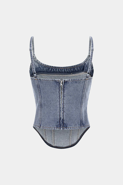 Denim top met ronde hals, naaddetails en ritssluiting.