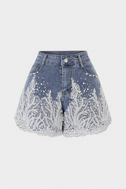 Denim Patchwork Short met Kanten Details