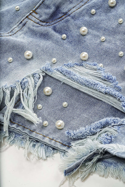 Denim shorts met hoge taille en kralen