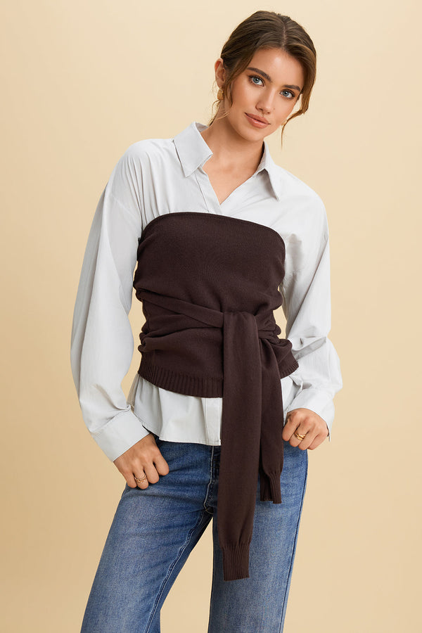 Effen patchwork blouse met strik voor en lange mouwen