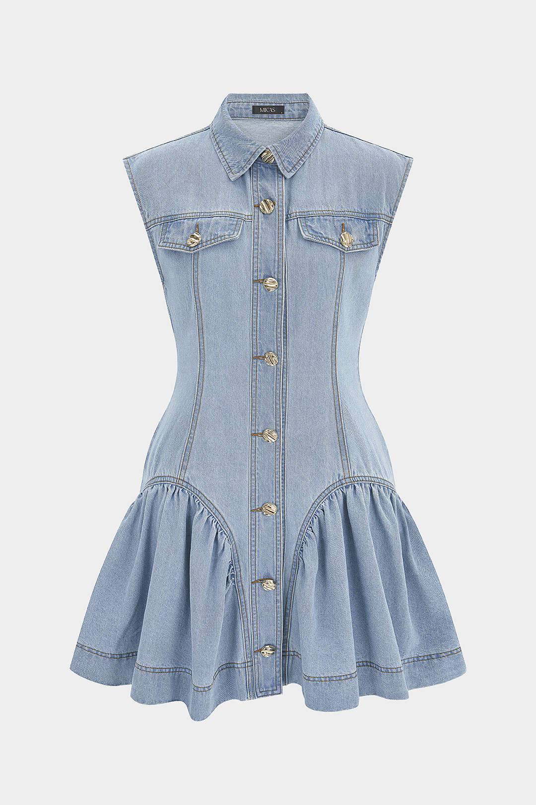 Denim mouwloze minijurk met revers, knoopjes en volants