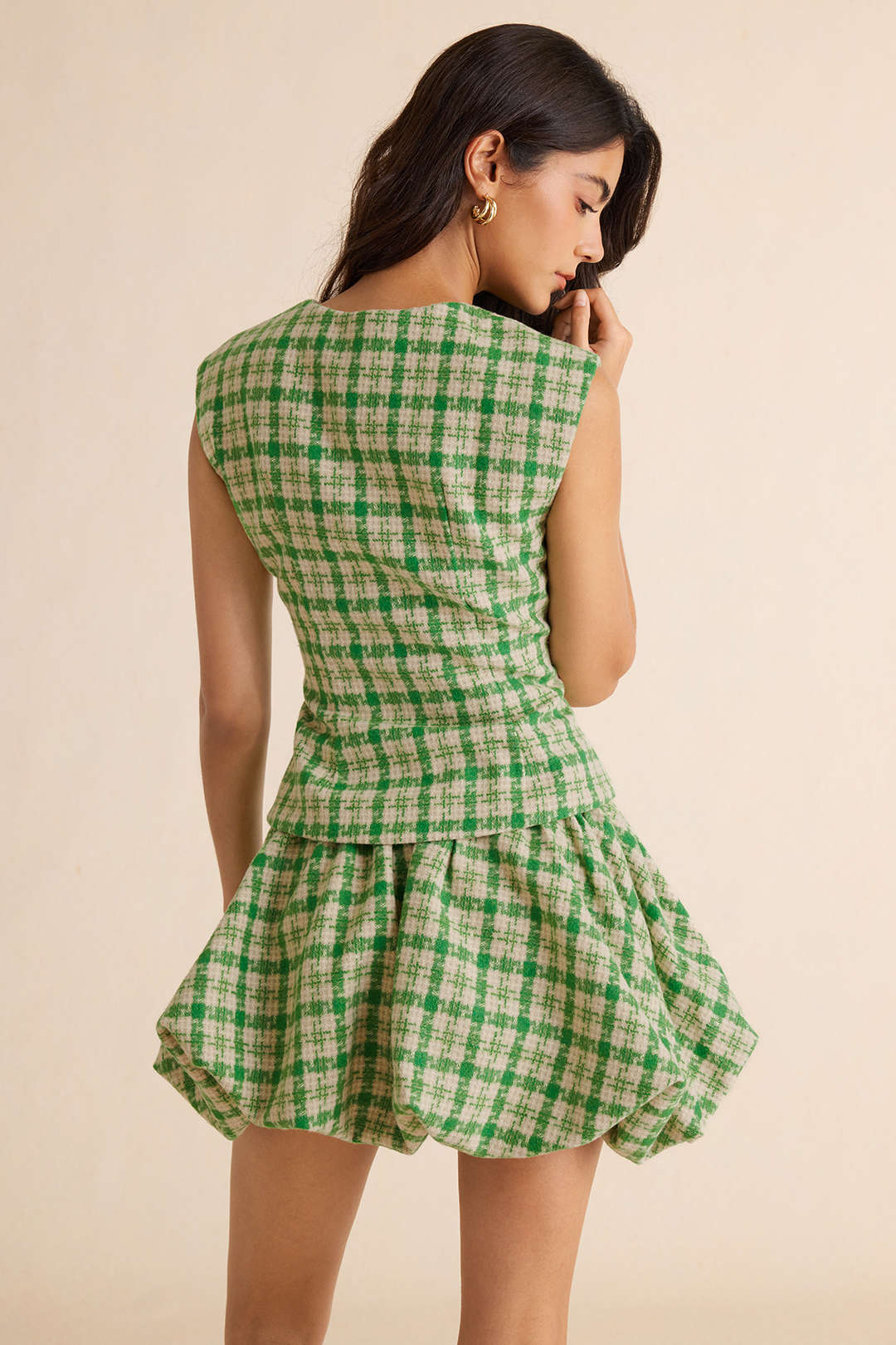 Geruite tweed rok met riem en ruches