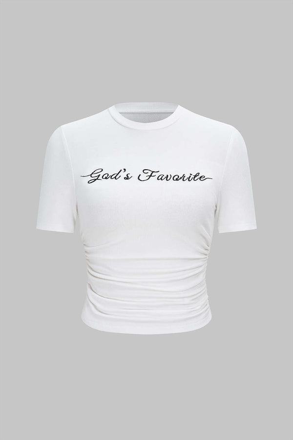 T-shirt met borduursel, ronde hals en ruches