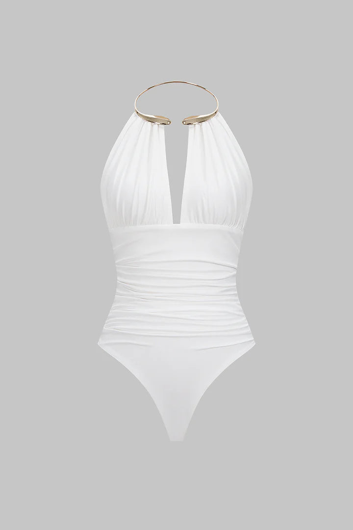 Bodysuit met metallic details, halternek en open rug