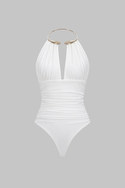 Bodysuit met metallic details, halternek en open rug