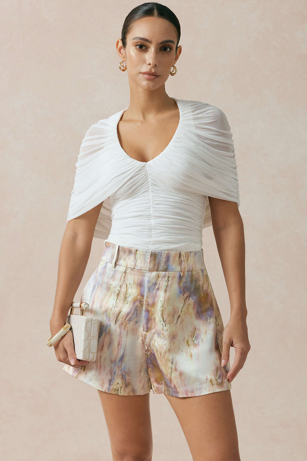 Mesh T-shirt met V-hals en ruches