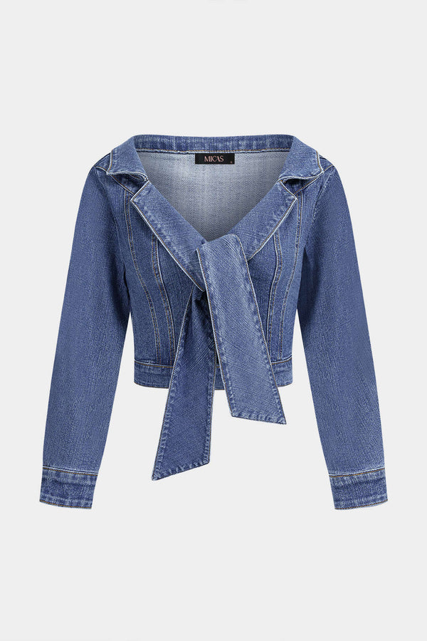 Denim blouse met strik, V-hals en reverskraag