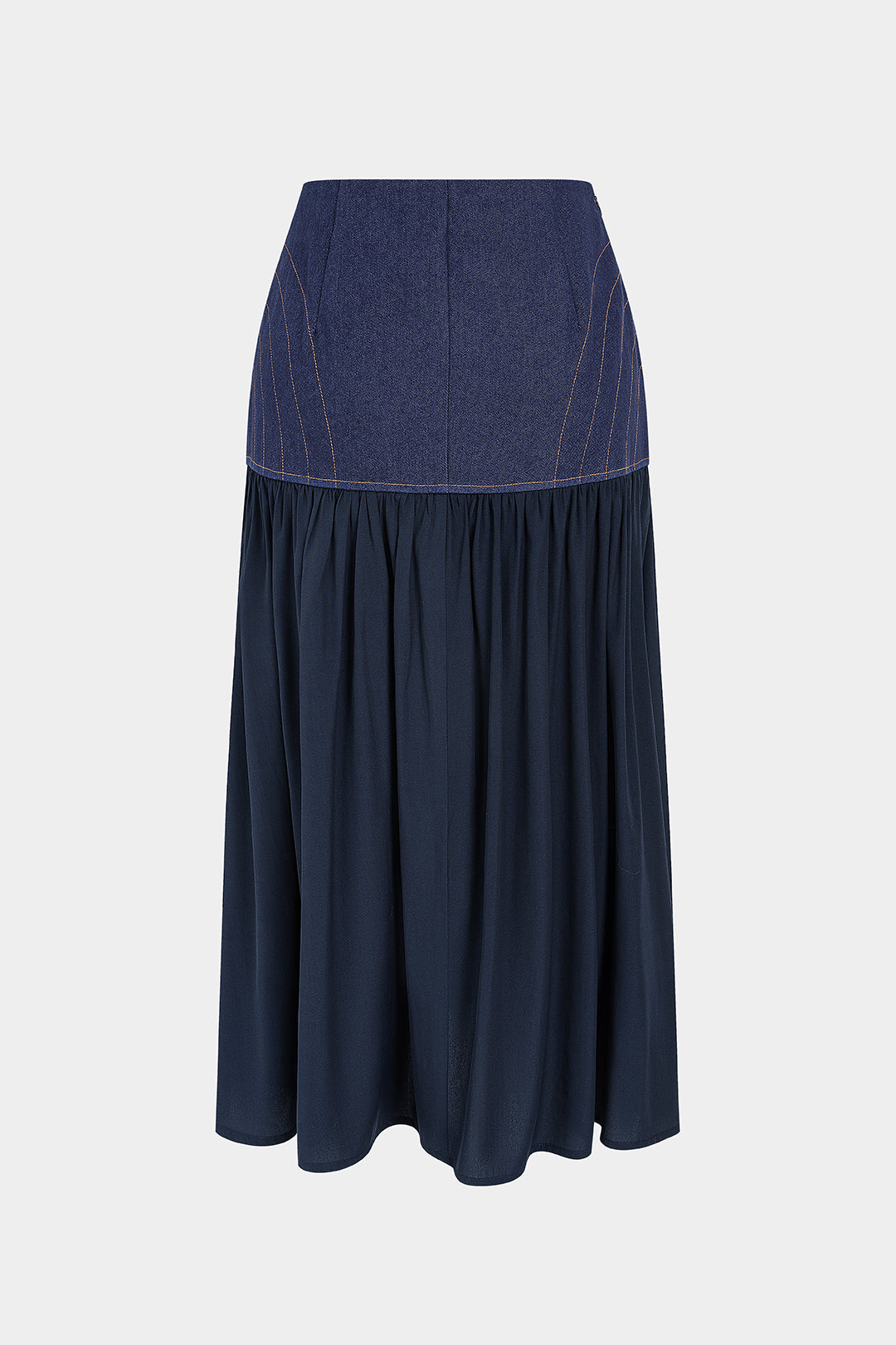 Denim patchwork midirok met A-lijn