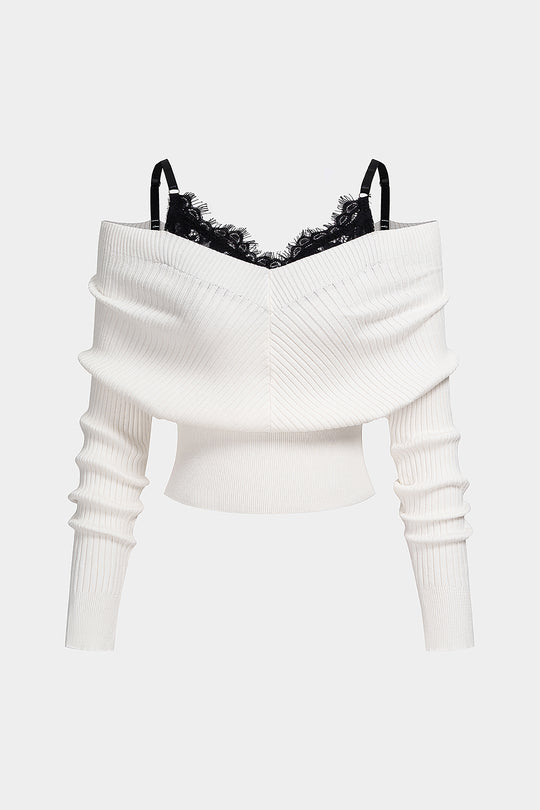 Knit Patchwork Lace Trim Long-Sleeve Top