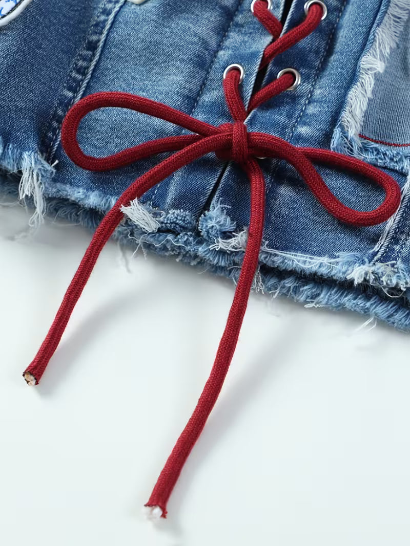 Y2K Denim Halter Top met Geborduurde Patches