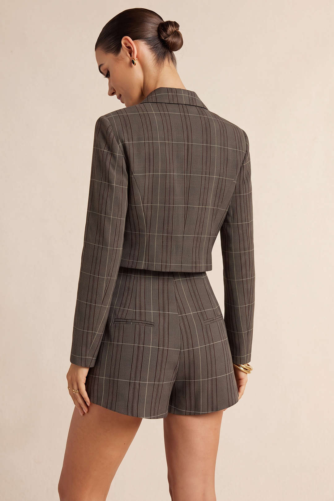 Geruite patchwork blazer met riem