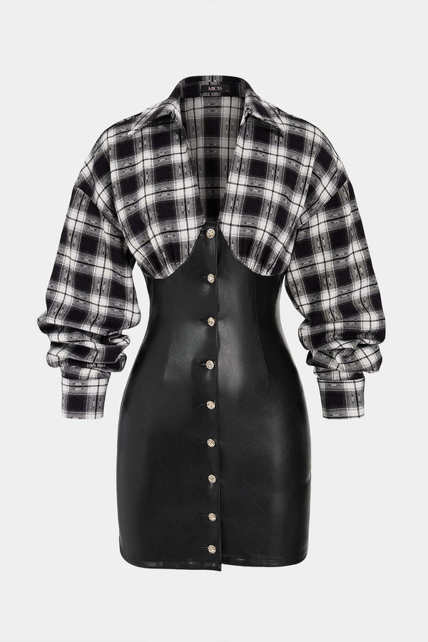 Patchwork leren-look minijurk met V-hals en lange mouwen