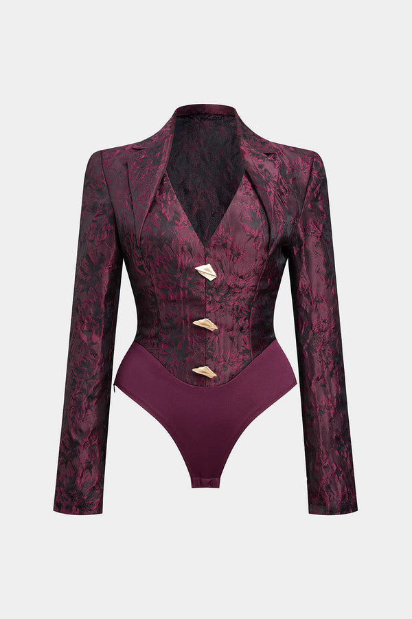 Bloemenprint jacquard body met reverskraag en lange mouwen