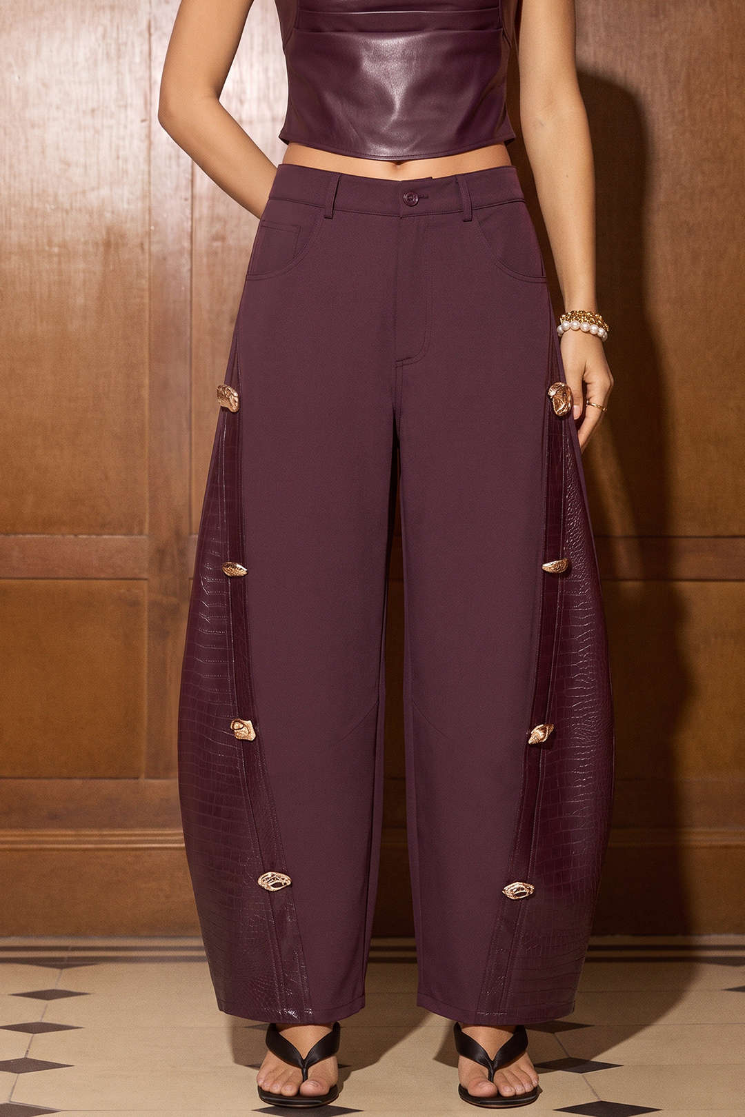 Demi - Leren-look patchwork broek