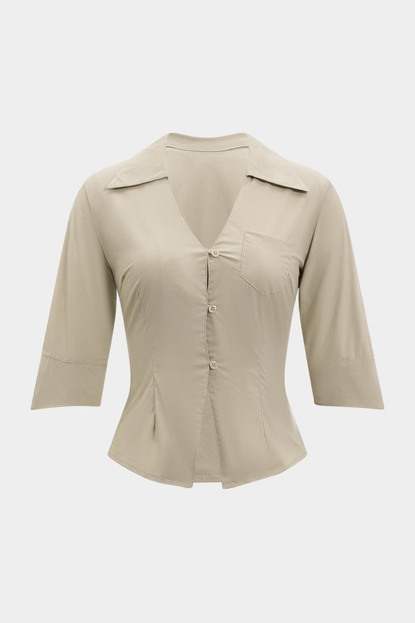 Linnen blouse met V-hals, knoopjes en zakken