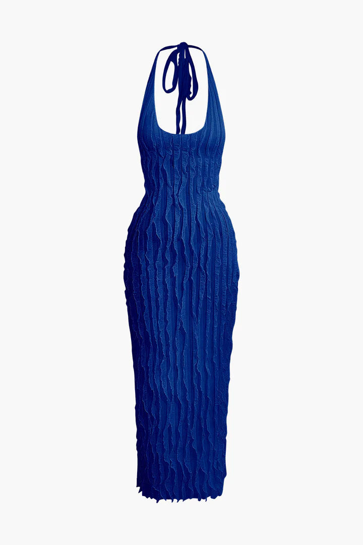 Maxi-jurk met transparante ruches, halterhals en open rug