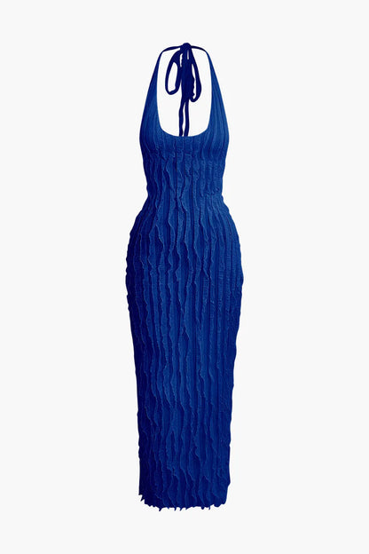 Maxi-jurk met transparante ruches, halterhals en open rug