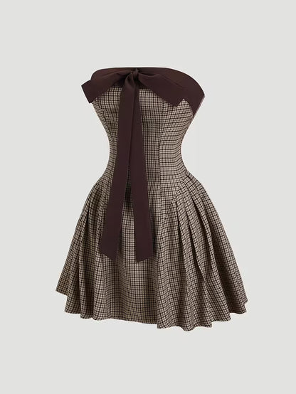Retro Pied-de-Poule Jurk met Strik