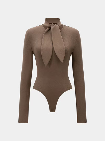 Elegante Wafelstructuur Bodysuit met Strikkraag