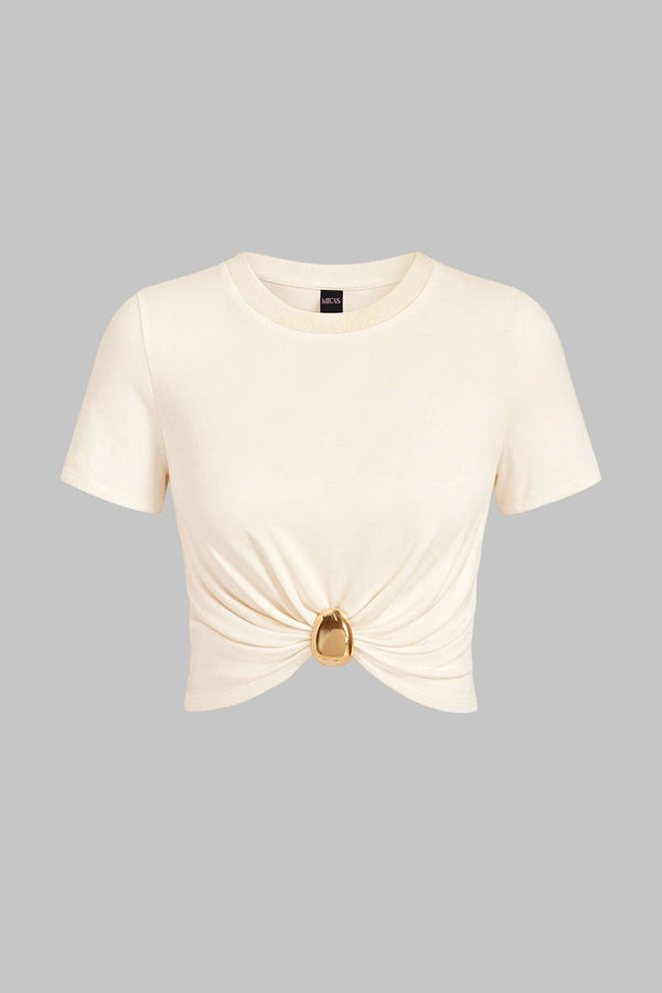 Metallic T-shirt met ronde hals, ruches en korte mouwen