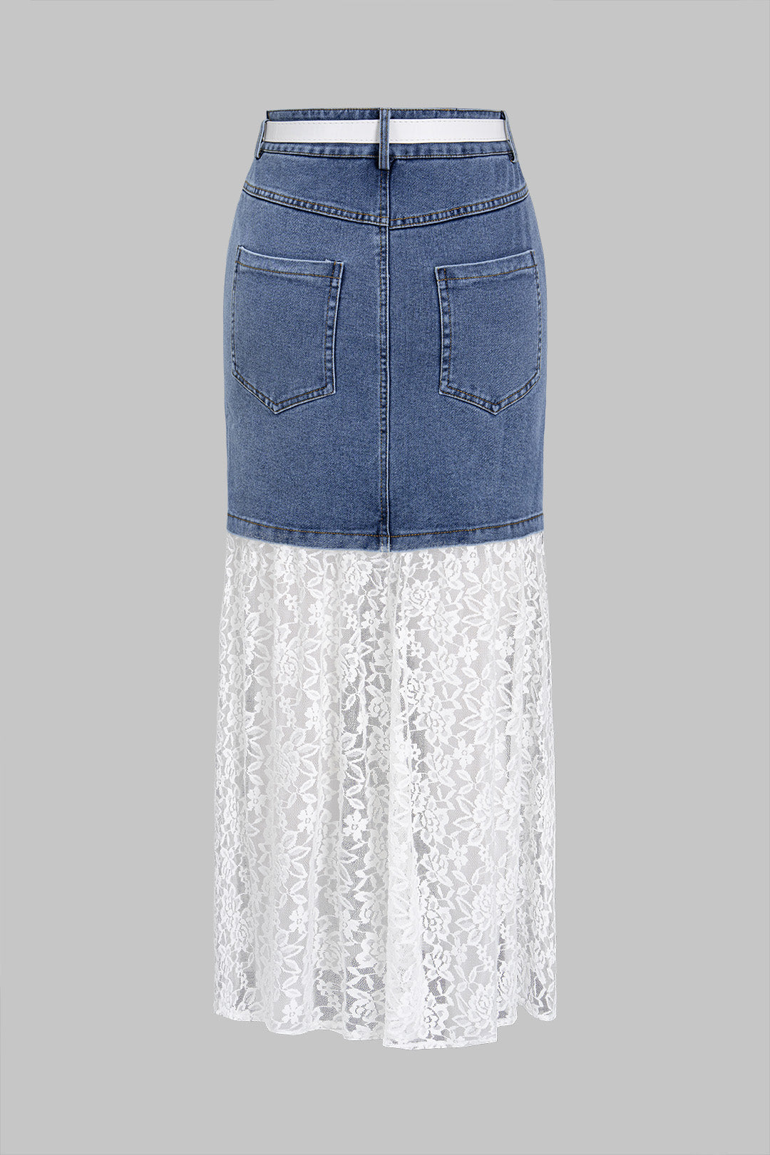 Denim patchwork rok met kant, riem en hoge taille