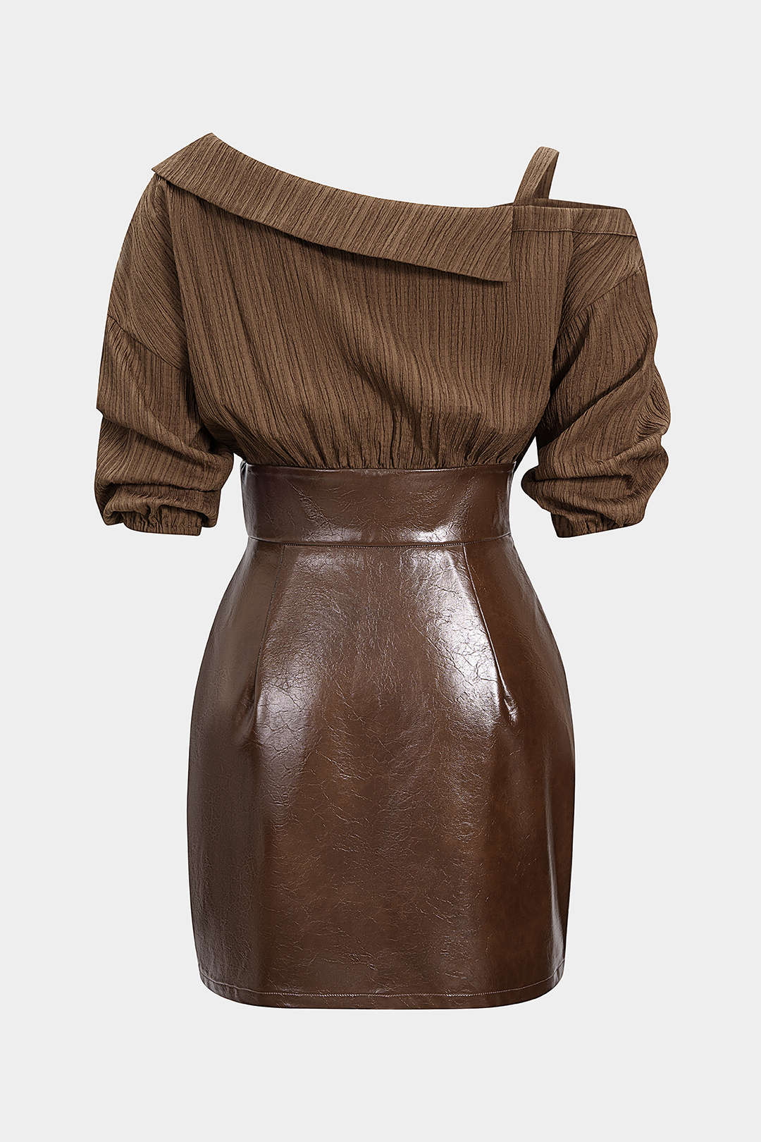 Leren-look patchwork minijurk met korte mouwen