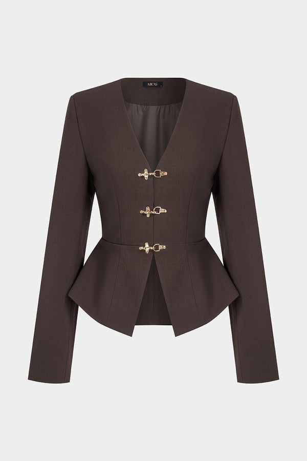 Metallic blazer met V-hals en gesp