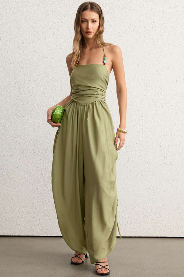 Linnen mouwloze jumpsuit met kralen, halternek en ruches
