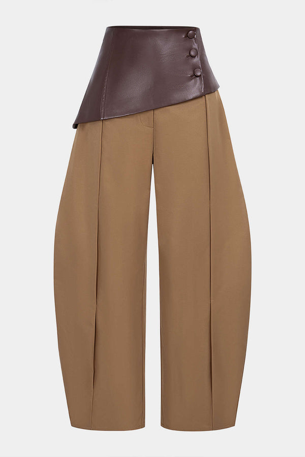 Evi - Leren-look patchwork broek met hoge taille