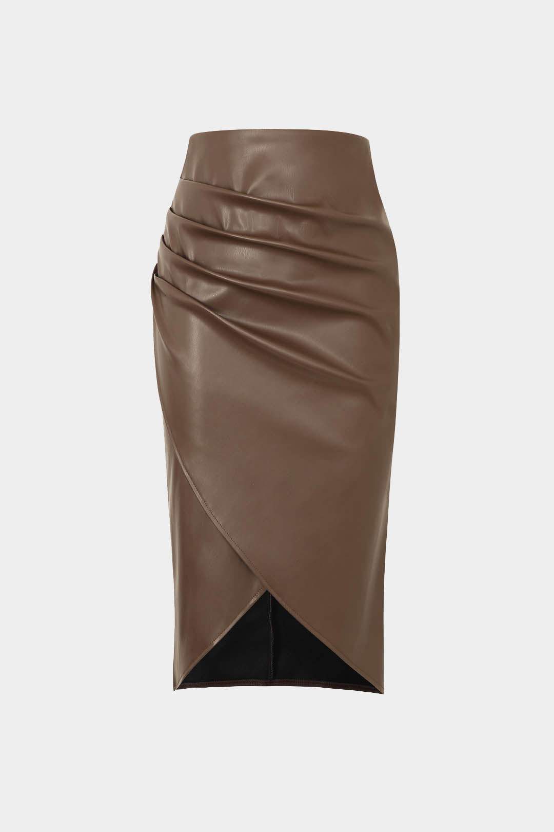 Leren-look midirok met wikkelmodel en ruches