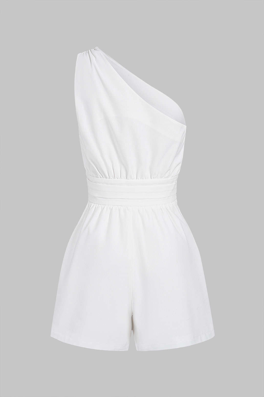 Linnen mouwloze playsuit met één schouder en ruches