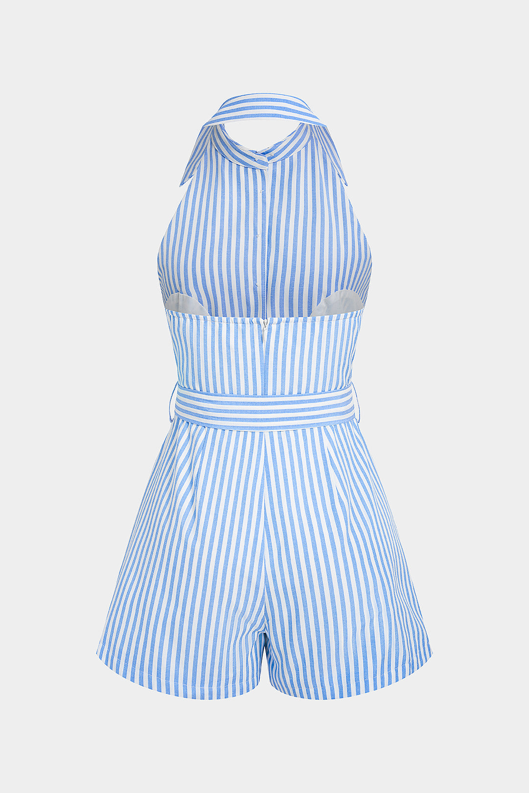 Gestreepte mouwloze playsuit met revers, strik en open rug
