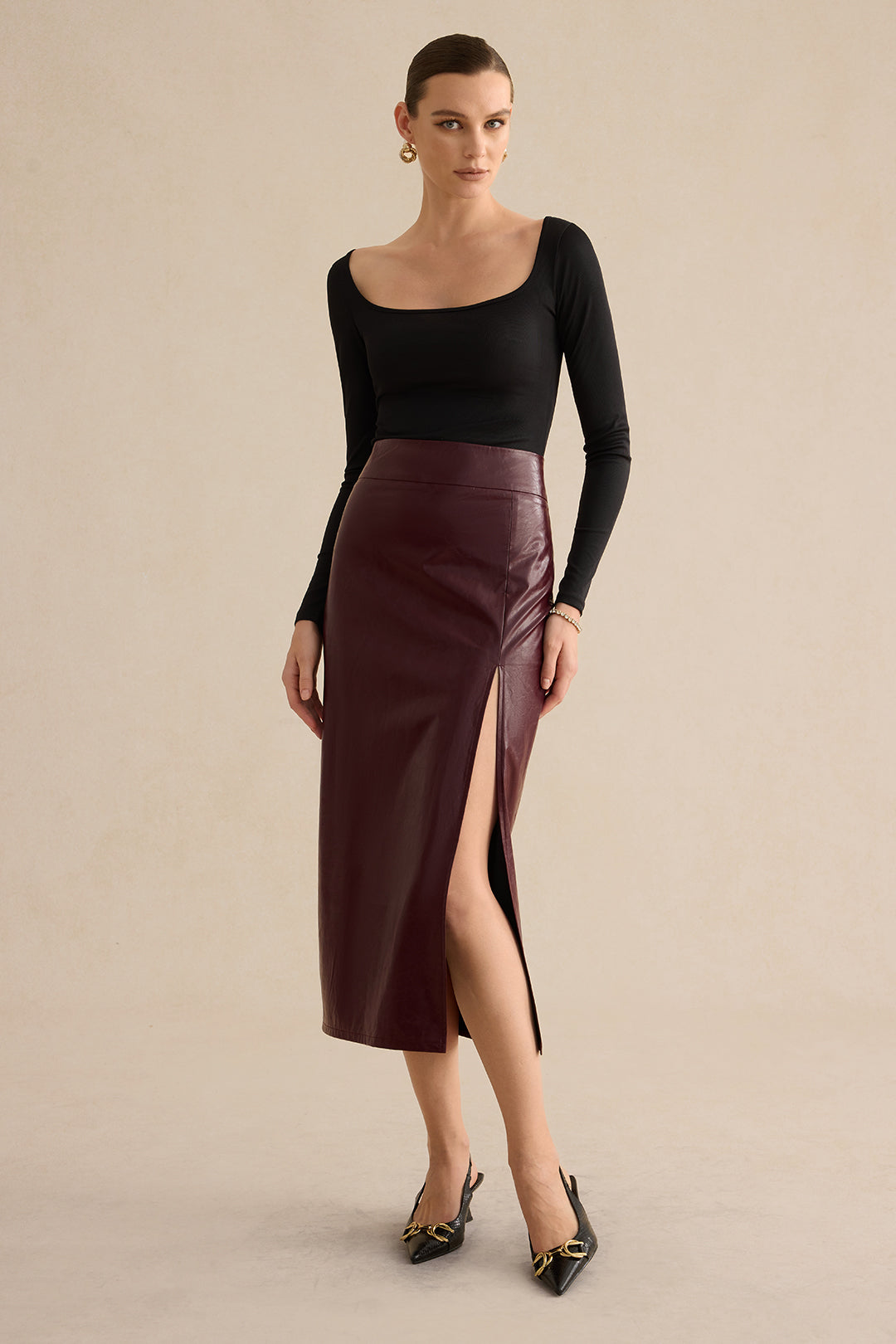 Merel - Leren-look rok met split