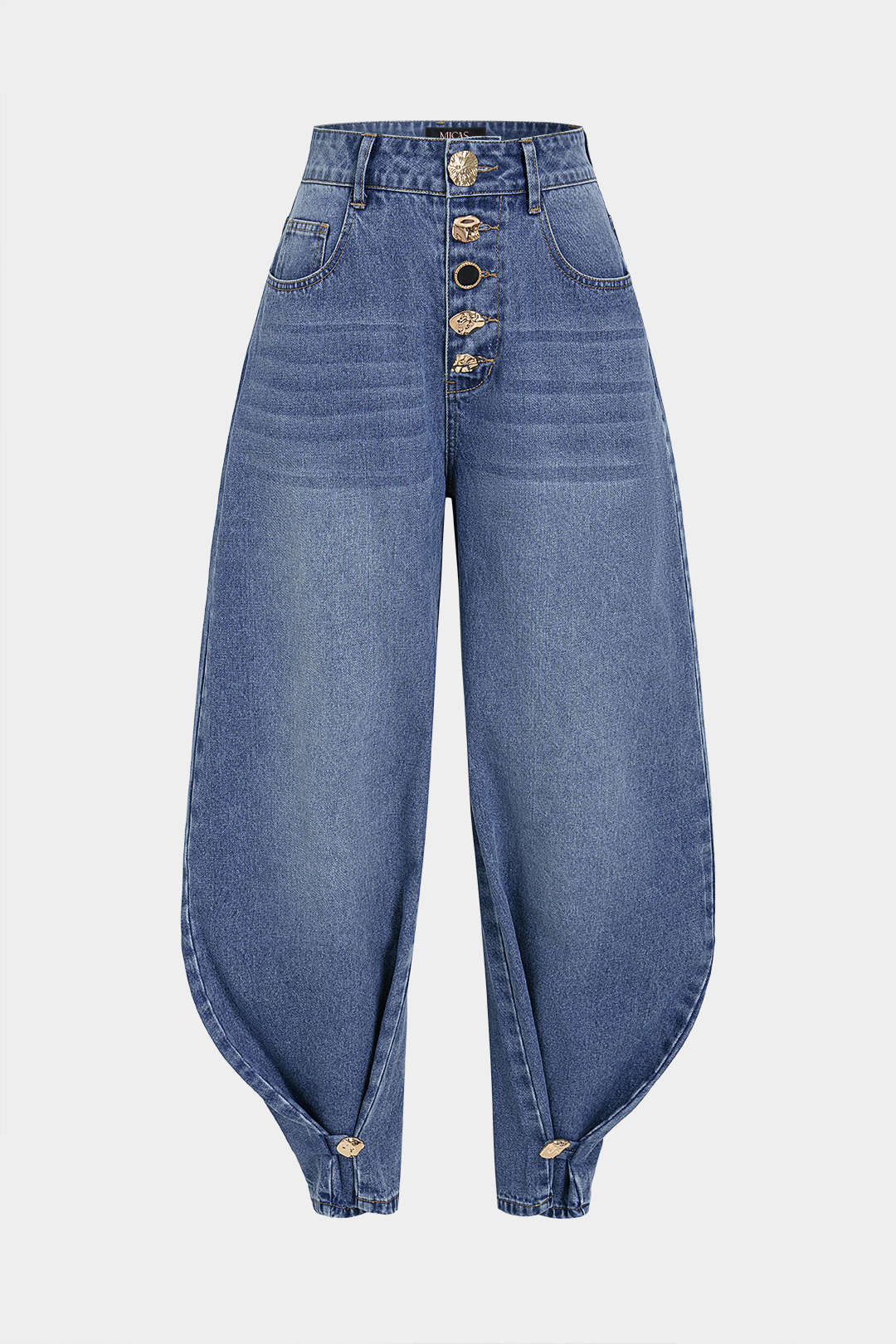 Metallic jeans met knoopjes, zakken en ballonmodel