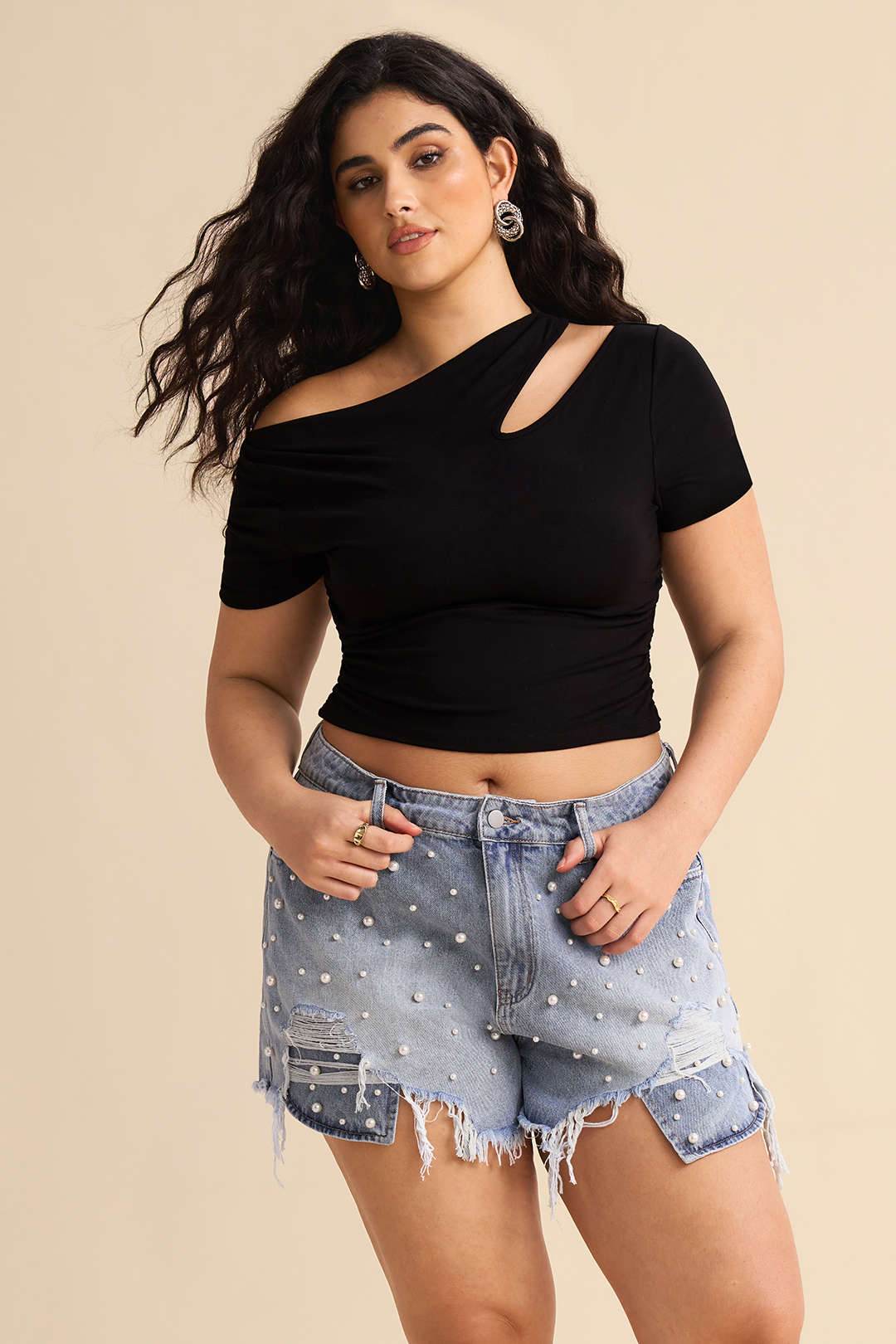 Lara - Denim short met hoge taille en kralen