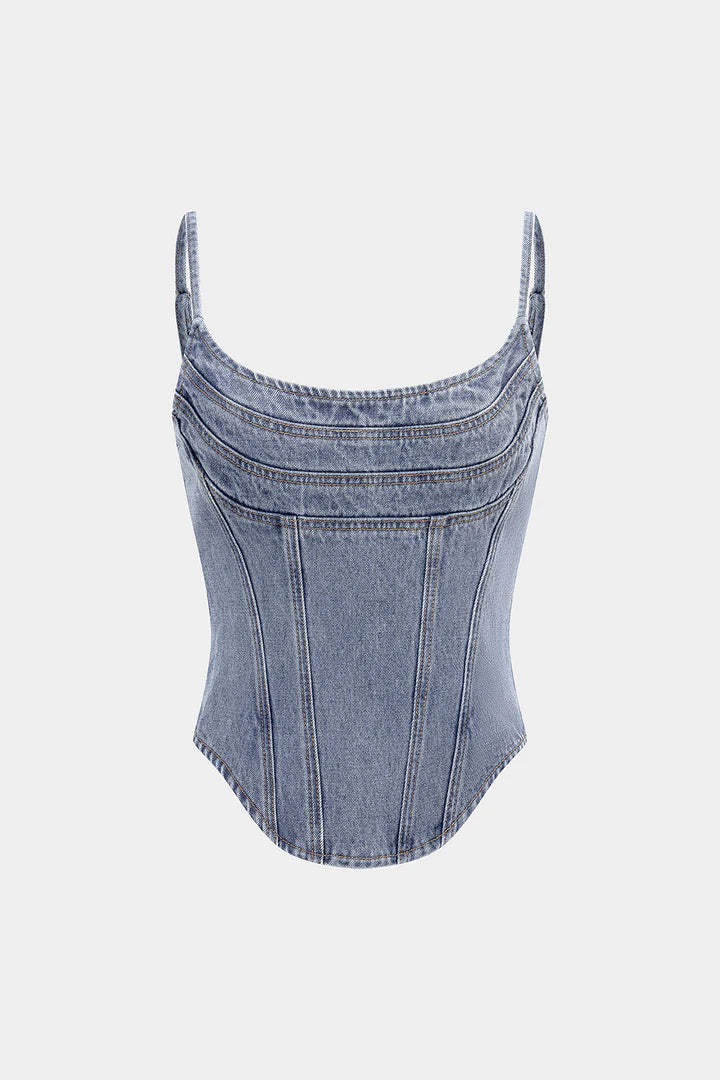 Denim top met ronde hals, naaddetails en ritssluiting.